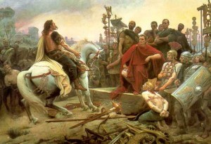 Vercingétorix rendant les armes à César, tableau de L.Royer, 1888